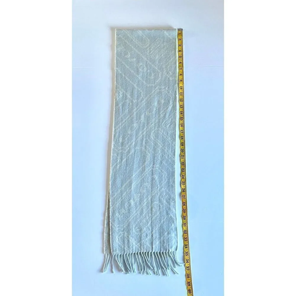 Coach Cashmere and Wool Logo Fringe Scarf Light Blue and Ivory Muffler Scarf